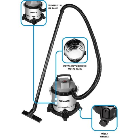 GRAPHITE ODKURZACZ PRZEWYSŁOWY WARSZTATOWY SUCHO MOKRO 800W 12L + AKCESORIA
