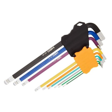 KLUCZE SZEŚCIOKĄTNE 1.5-10MM KOLOROWE IMBUSOWE Z KULKĄ DŁUGIE 09-512 NEO TOOLS KLUCZE SZEŚCIOKĄTNE 1.5-10MM KOLOROWE IMBUSOWE Z KULKĄ DŁUGIE 09-512 NEO TOOLS