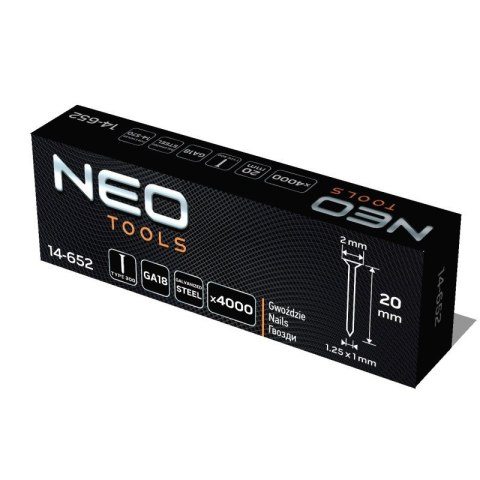 GWOŹDZIE GALWANIZOWANE DO ZSZYWACZA PNEUMATYCZNEGO (14-570), GA18, TYP 300 (F), DŁUGOŚĆ 20 MM, 4000 14-652 NEO TOOLS GWOŹDZIE GALWANIZOWANE DO ZSZYWACZA PNEUMATYCZNEGO (14-570), GA18, TYP 300 (F), DŁUGOŚĆ 20 MM, 4000 14-652 NEO TOOLS