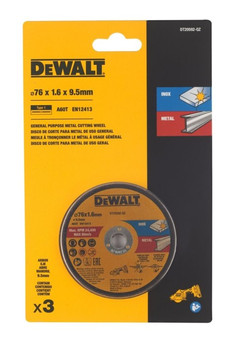 Tarcze do cięcia metalu Inox 76x1.6 Dewalt DT20592-QZ - 3 sztuki Tarcze do cięcia metalu Inox 76x1.6 Dewalt DT20592-QZ - 3 sztuki