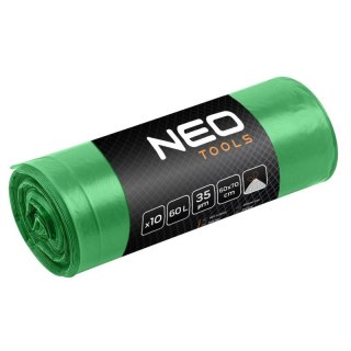 Worki na odpady 60 L, zielone z taśmą, 35 mic, 10 szt. NEO TOOLS 15-990