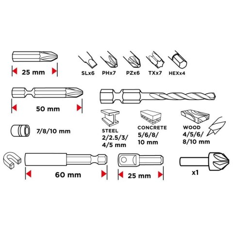 Zestaw Wierteł i Bitów nasadek 50 elementów do Drewna Betonu GRAPHITE 56H613