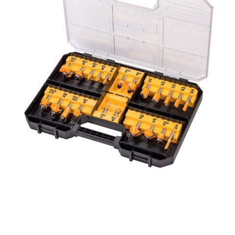 Zestaw frezów - trzonek 8 mm + kaseta do przechowywania z przezroczystym wiekiem 22-elementowy DEWALT DT90017 Zestaw frezów - trzonek 8 mm + kaseta do przechowywania z przezroczystym wiekiem 22-elementowy DEWALT DT90017