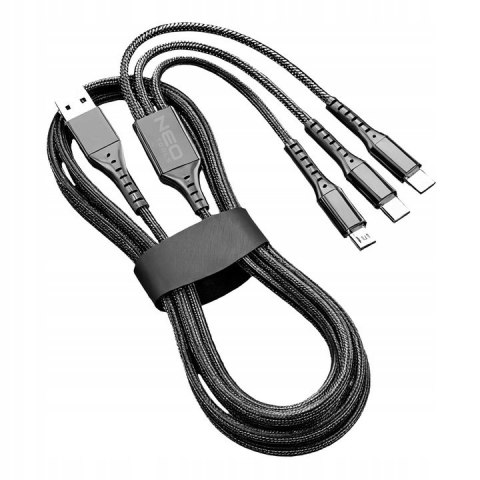 KABEL USB 3w1 USB typ C / Micro USB / Lightning 1,2m czarny nylon NEO KABEL USB 3w1 USB typ C / Micro USB / Lightning 1,2m czarny nylon NEO