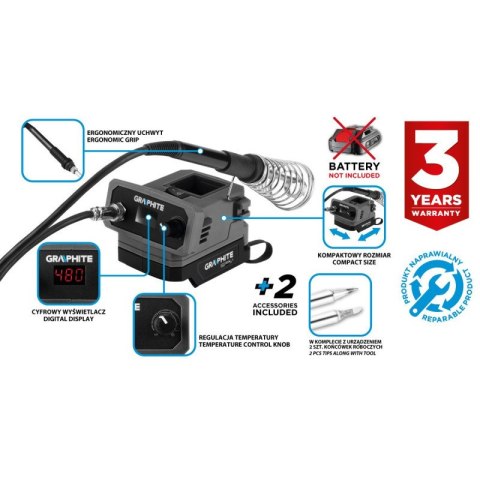 Lutownica Graphite 25 W, Stacja lutownicza Energy+ 18V, bez akumulatora GRAPHITE 58GE143 Lutownica Graphite 25 W, Stacja lutownicza Energy+ 18V, bez akumulatora GRAPHITE 58GE143