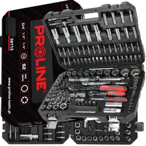 Zestaw nasadek 113 sztuk 12-kąt CRV S2 1/2" 1/4" narzędzia klucze nasadki komplet PROLINE 58113