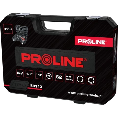 Zestaw nasadek 113 sztuk 12-kąt CRV S2 1/2" 1/4" narzędzia klucze nasadki komplet PROLINE 58113