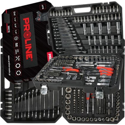 Zestaw kluczy nasadek i bitów 216 elementów – Narzędzia warsztatowe Proline 58216