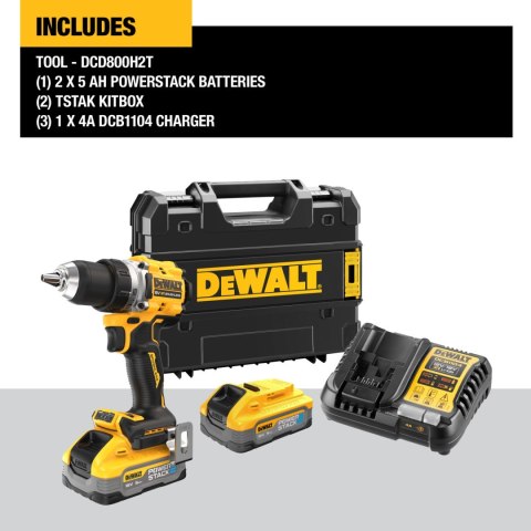 DCD800H2T-QW 18V XR Bezszczotkowa wiertarko-wkrętarka - 2 X POWERSTACK 5AH DEWALT DCD800H2T-QW 18V XR Bezszczotkowa wiertarko-wkrętarka - 2 X POWERSTACK 5AH DEWALT