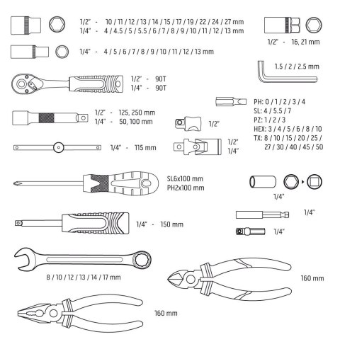 ZESTAW NARZĘDZI KLUCZE NASADOWE płaskie Micha M4K GARAGE 90e 1/4" 1/2" NEO TOOLS 10-100