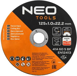 TARCZA DO SZLIFIERKI CIĘCIA METALU TNĄCA DO METALU/INOX 125 X 1.0 X 22.2 MM NEO TOOLS 08-722