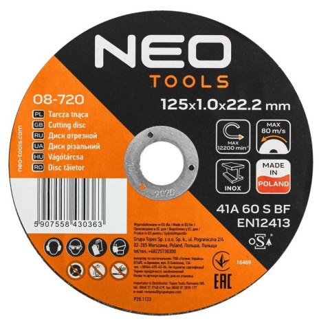 TARCZE DO SZLIFIERKI TNĄCE DO METALU/INOX 125 X 1.0 X 22.2MM 41 A60-S-BF NEO TOOLS 08-720 TARCZE DO SZLIFIERKI TNĄCE DO METALU/INOX 125 X 1.0 X 22.2MM 41 A60-S-BF NEO TOOLS 08-720