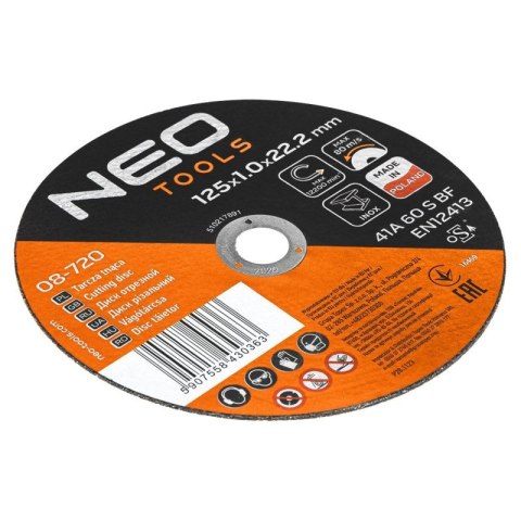 TARCZE DO SZLIFIERKI TNĄCE DO METALU/INOX 125 X 1.0 X 22.2MM 41 A60-S-BF NEO TOOLS 08-720 TARCZE DO SZLIFIERKI TNĄCE DO METALU/INOX 125 X 1.0 X 22.2MM 41 A60-S-BF NEO TOOLS 08-720