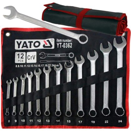 KLUCZE ZESTAW PŁASKO-OCZKOWYCH WARSZTATOWE RĘCZNE STAL CHROMOWANA 8-24 12 SZTUK YATO YT-0362