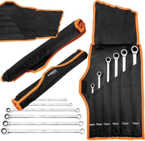 09-370 KLUCZE OCZKOWE Z GRZECHOTKĄ, DŁUGIE, ZESTAW 6 SZT., 8 - 19 MM, MIĘKKIE ETUI NEO TOOLS 09-370 KLUCZE OCZKOWE Z GRZECHOTKĄ, DŁUGIE, ZESTAW 6 SZT., 8 - 19 MM, MIĘKKIE ETUI NEO TOOLS