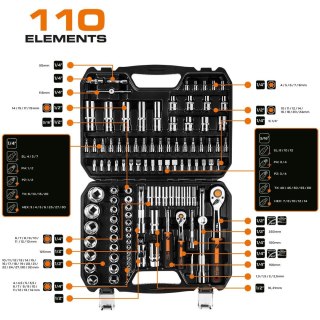 Zestaw 110 sztuk kluczy nasadowych 1/4". 1/2" CRV solidny precyzyjny komplet narzędzi w walizce NEO TOOLS 10-066