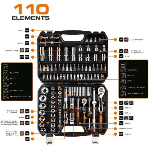Zestaw 110 sztuk kluczy nasadowych 1/4". 1/2" CRV solidny precyzyjny komplet narzędzi w walizce NEO TOOLS 10-066