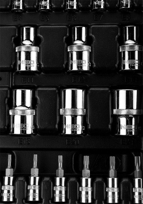 Zestaw 110 sztuk kluczy nasadowych 1/4". 1/2" CRV solidny precyzyjny komplet narzędzi w walizce NEO TOOLS 10-066