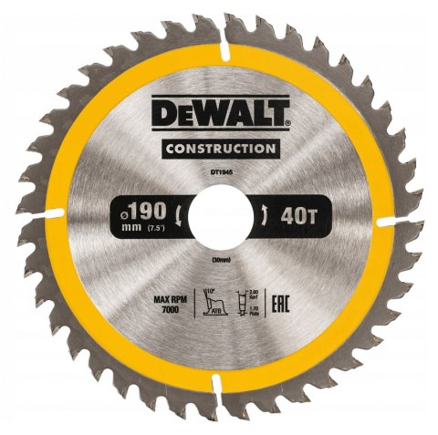 Tarcza do pilarki piły do cięcia drewna do pilarek stolarska190x30 mm DEWALT DT1945-QZ