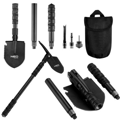 WIELOFUNKCYJNA SAPERKA SURVIVALOWA WOJSKOWA SKŁADANA TURYSTYCZNA KEMPINGOWA 8 W 1 NEO TOOLS 63-122