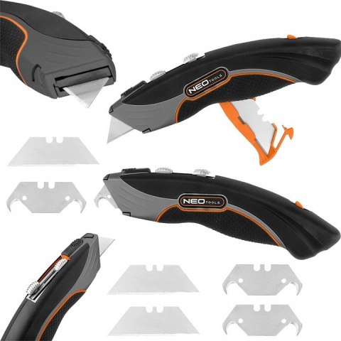 63-700 NÓŻ Z OSTRZEM TRAPEZOWYM I HAKOWYM, METALOWY KORPUS 6 OSTRZY NEO TOOLS 63-700 NÓŻ Z OSTRZEM TRAPEZOWYM I HAKOWYM, METALOWY KORPUS 6 OSTRZY NEO TOOLS
