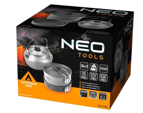 NACZYNIA TURYSTYCZNE ZESTAW KEMPING GARNEK PATELNIA CZAJNIK NACZYNIA KEMPINGOWE 3w1 NEO TOOLS 63-145 NACZYNIA TURYSTYCZNE ZESTAW KEMPING GARNEK PATELNIA CZAJNIK NACZYNIA KEMPINGOWE 3w1 NEO TOOLS 63-145