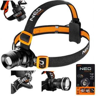 LATARKA CZOŁOWA ROBOCZA WARSZTATOWA 250 LUM REGULACJA ZOOM CREE XPE 3XAAA NEO TOOLS 99-201