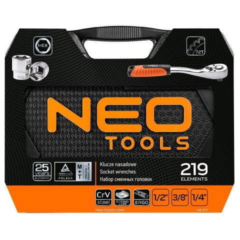 08-671 KLUCZE NASADOWE NEO TOOLS 1/2", 3/8", 1/4", ZESTAW 219 SZT., CRV 08-671 KLUCZE NASADOWE NEO TOOLS 1/2", 3/8", 1/4", ZESTAW 219 SZT., CRV