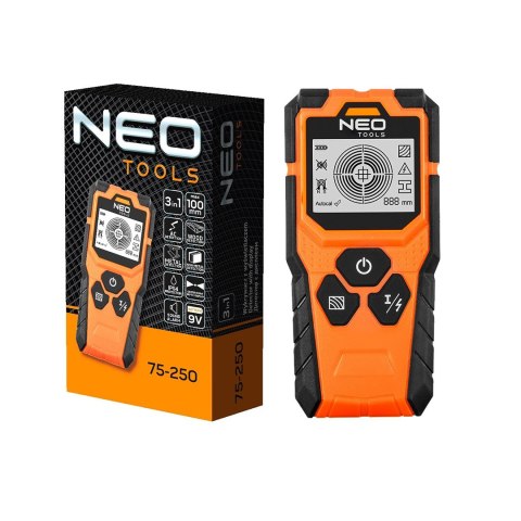 WYKRYWACZ DETEKTOR KABLI PROFILI I PRZEWODÓW WYŚWIETLACZ LED 3w1 NEO TOOLS 75-250 WYKRYWACZ DETEKTOR KABLI PROFILI I PRZEWODÓW WYŚWIETLACZ LED 3w1 NEO TOOLS 75-250