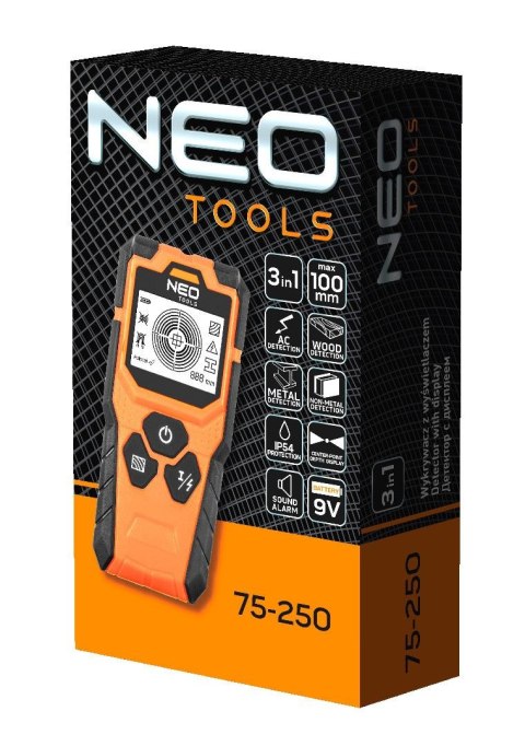 WYKRYWACZ DETEKTOR KABLI PROFILI I PRZEWODÓW WYŚWIETLACZ LED 3w1 NEO TOOLS 75-250 WYKRYWACZ DETEKTOR KABLI PROFILI I PRZEWODÓW WYŚWIETLACZ LED 3w1 NEO TOOLS 75-250